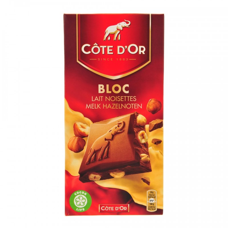 Tablette Côte d'or au lait et aux noisettes entières 180gr