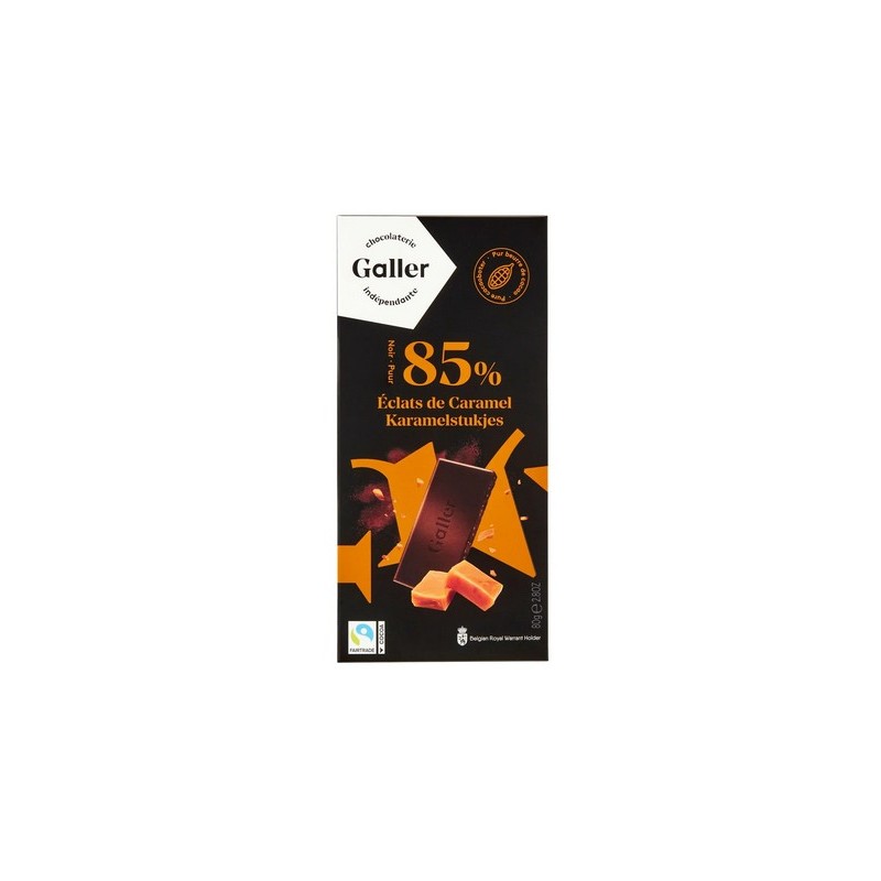 Tablette Galler Noir 85% de Cacao et Éclats de Caramel 80 gr