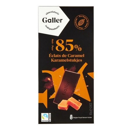 Tablette Galler Noir 85% de Cacao et Éclats de Caramel 80 gr